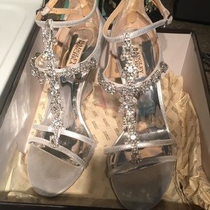 Badgley Mischka formal silver wedge heels